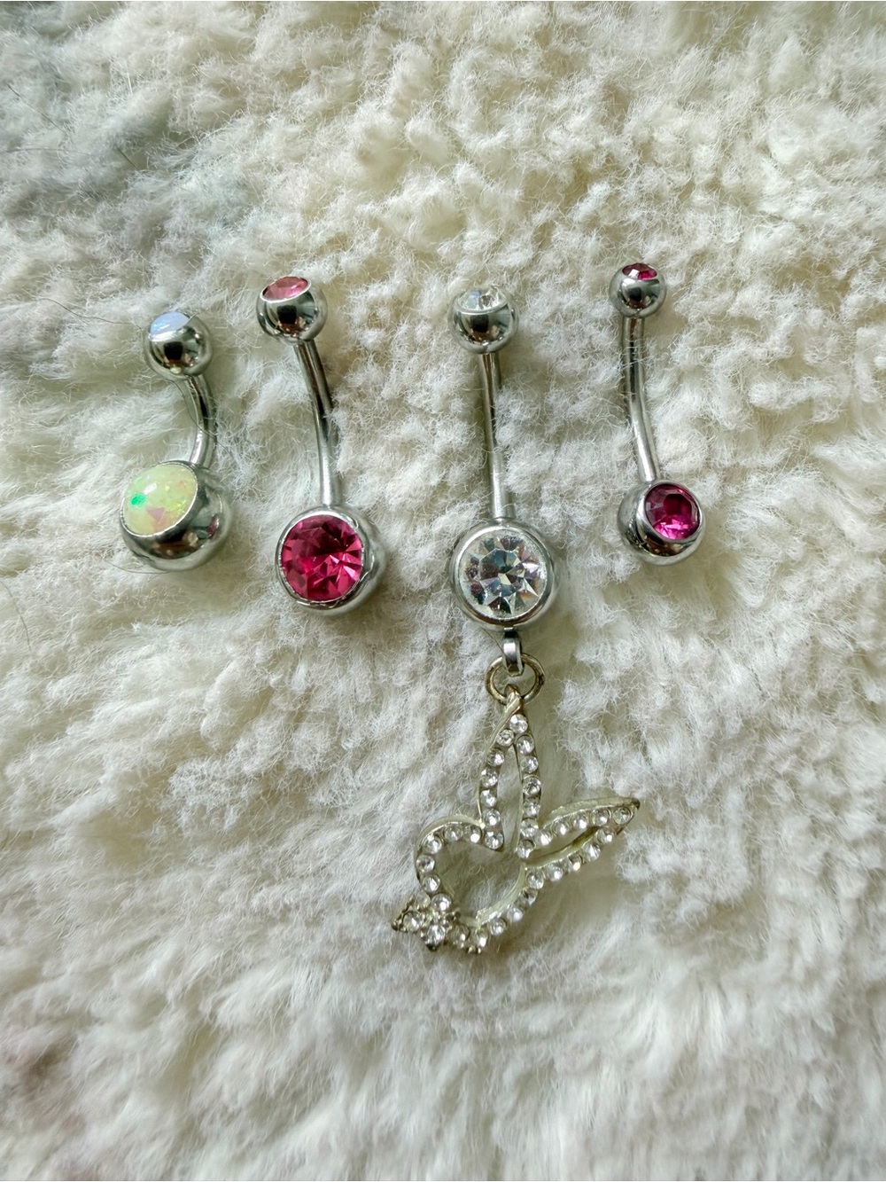 Sterling Silver Pink & Clear Belly Button Ring Set of 4 w/ Dangle Playboy Charm